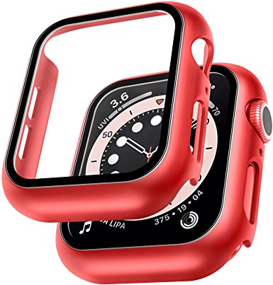 2 Pack LϟK Case for Apple Watch 40mm SE/Series 6/5/4 Built-in Tempered Glass Screen Protector, All-Around Ultra-Thin Bumper Full Cover Hard PC Protective Case for iWatch 40mm - Red