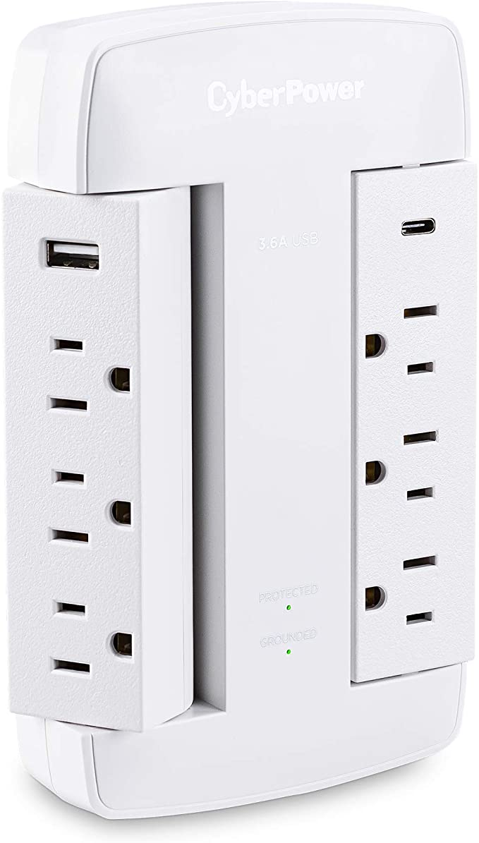 CyberPower CSP600WSURC5 Professional Surge Protector, 900J/125V, 6 Swivel Outlets, 1 USB-C Charge Port, 1 USB-A Charge Port, White Wall Tap