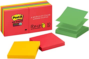 Post-it Super Sticky Pop-up Notes, 3x3 in, 10 Pads, 2x the Sticking Power, Marrakesh Collection, Primary Colors (Red, Yellow, Green, Blue, Purple), Recyclable(R330-10SSAN)