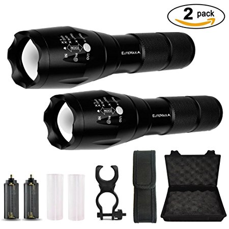 EliteMax Flashlight Bundle - 2 Super Bright LED Tactical Flashlights, AAA & Lithium Ion Battery Holders, Bike Mount Holder, Belt Pouch Holster - Zoom Adjustable Focus, 5 Modes, Water Resistant Torch