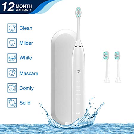 Sonic Electric Toothbrush with 6 Deep Cleaning Modes, Rechargeable Travel Electric Toothbrushes with Travel Case, 2 Replaceable Dupont Brush Heads, IPX7 Waterproof, 2 Min Build in Timer, White