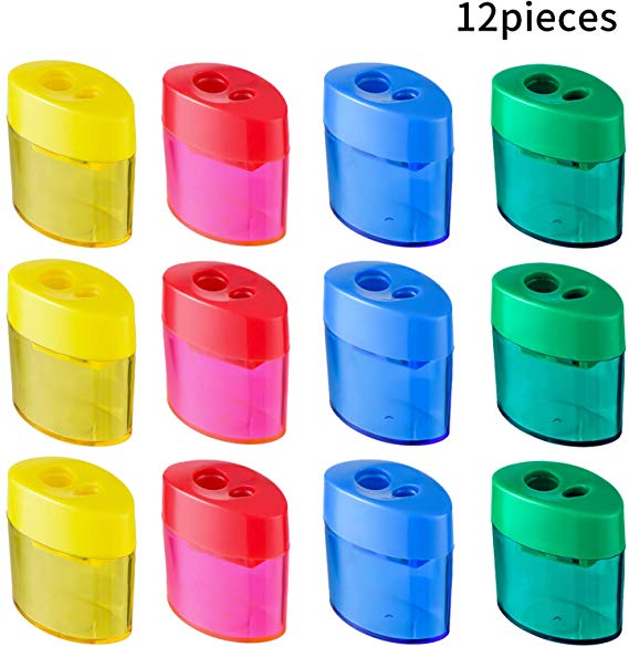 Zonon Double Hole Oval Shaped Pencil Sharpener with Cover and Receptacle Manual Pencil Sharpener Hand Pencil Sharpener for Office Home Supply (12 Pieces)