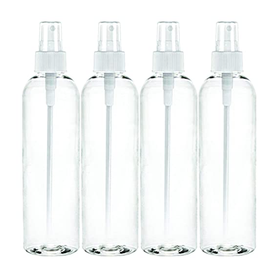 MoYo Natural Labs 4 oz Spray Bottles Fine Mist Empty Travel Containers, BPA Free PET Plastic for Essential Oils and Liquids/Cosmetics (Neck 20-410) (Pack of 4, Clear)