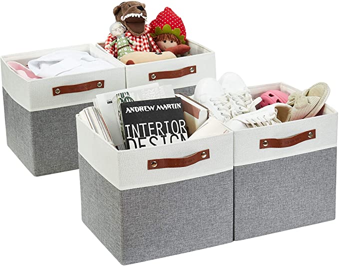 DECOMOMO Foldable Storage Bin [4-Pack] Collapsible Sturdy Cationic Fabric Storage Basket Cube W/Handles for Organizing Shelf Nursery (Grey & White, 12 x 12 x 12)