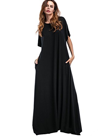 Romwe Women's Solid Short Sleeve Pocket Loose Maxi Long Party Dress