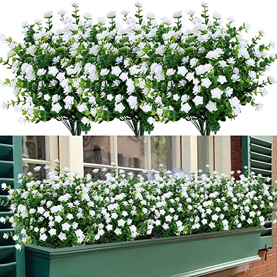 TEMCHY 8 Bundles Outdoor Artificial Fake Flowers No Fade UV Resistant Faux Plastic Plants for Hanging Planter Patio Yard Wedding Indoor Home Kitchen Farmhouse Décor (White)