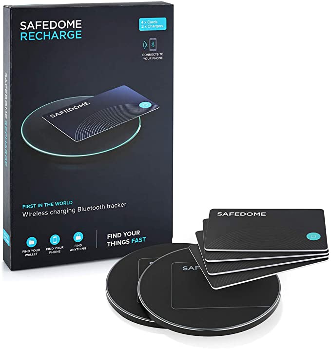 Safedome | Ultra Slim Rechargeable Bluetooth Tracker, Locator Finder Card - with a Lifespan of Over 8 Years, You’ll Never Lose Your Wallet, Purse, Phone, or Anything - Ever Again - 4 Cards / 2 Charger