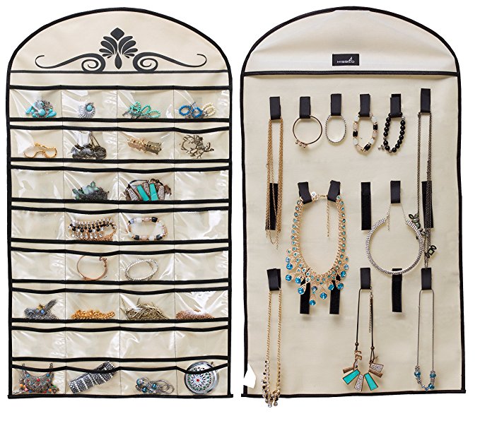 MISSLO Hanging Jewelry Organizer Holder 32 Pockets 18 Loops for Accessories Storage, Beige