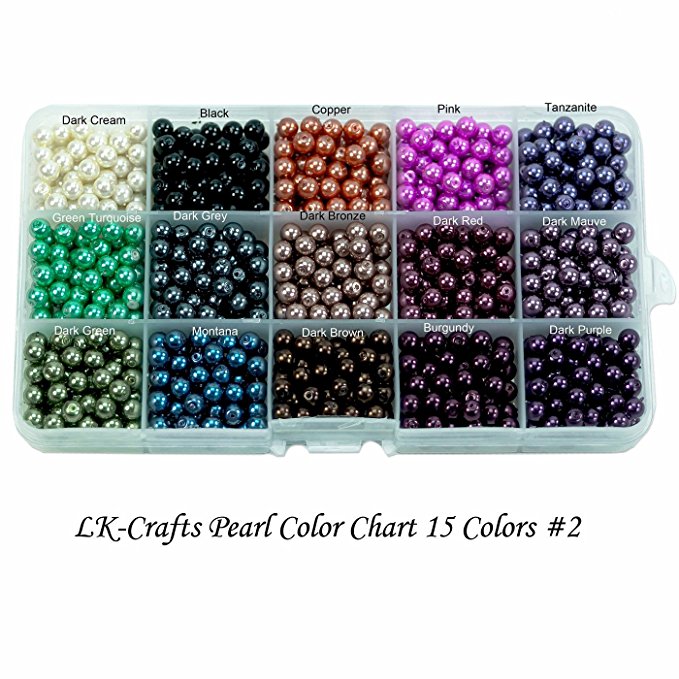 LK-CRAFTS Wholesale Luster Crystal Round Pearl Lot 510 pcs Beads with storage box, 15 colors, Size 8mm (#2).