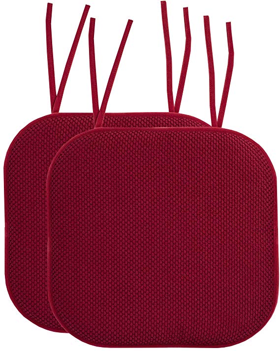 Sweet Home Collection Chair Cushion Memory Foam Pads with Ties Honeycomb Pattern Slip Non Skid Rubber Back Rounded Square 16" x 16" Seat Cover, 2 Pack, Wine Burgundy