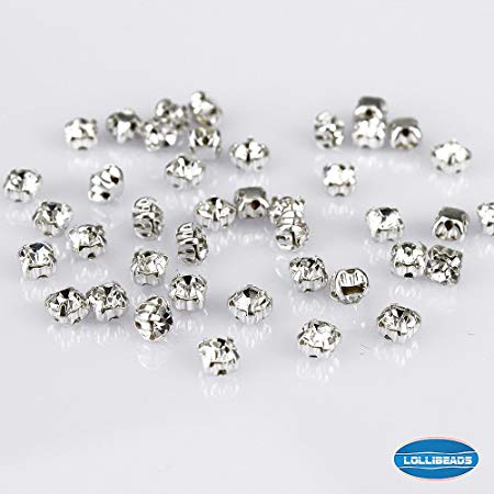 LolliBeads (TM) 100 Pcs Crystal Ringed Sew on Rhinestone Czech Glass with Silver Plated Brass Base Prongs Cup, White 4 mm