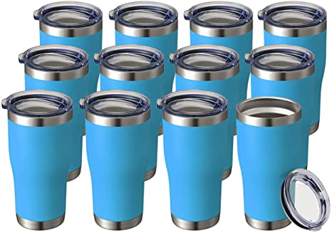 20oz 12 Packs Wholesale Bulk Insulated Stainless Steel Tumblers Coffee Travel Mugs Reusable Blank Vacuum Double Wall with Lid Hot Cold Drinks Cups Metal Thermal Women Men (A Dozen, Deep Sky Blue)