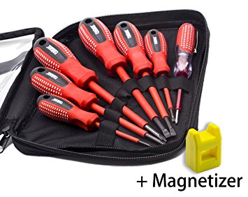 Finder 7 Pcs Anti-rust Insulated Electrician Screwdriver Set With Bag, Electroprobe, Industrial Level Chrome Vanadium Steel, Magnetic Tips, Red and Black