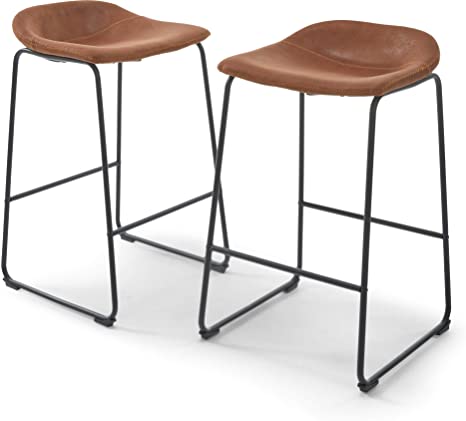 Amazon Brand – Rivet Mid-Century Modern Microfiber No-Back Saddle Kitchen Counter Bar Stools, Set of 2, 32.3 Inch Height, Brown, Black Metal