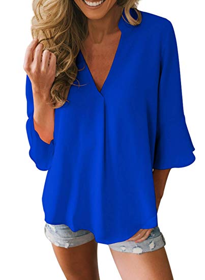 Dokotoo Womens 3 4 Bell Sleeve V Neck Chiffon Tops Casual Solid Blouse Loose Shirts S-XXL