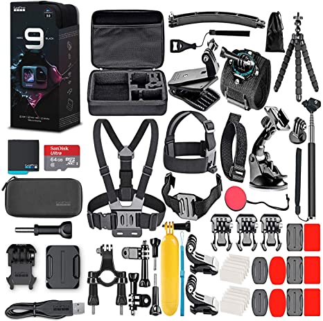 GoPro HERO9 Black - Waterproof Action Camera with Front LCD and Touch Rear Screens, 5K HD Video, 20MP Photos, 1080p Live Streaming, Stabilization   64GB Card and 50 Piece Accessory Kit - Loaded Bundle