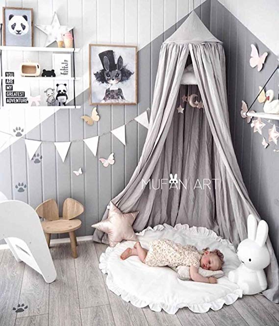 Princess Bed Canopy Mosquito Net for Kids Baby , Round Dome Kids Indoor Outdoor Castle Play Tent Hanging House Decoration Reading nook Cotton Canvas Height 240cm / 94.9 inch (Grey) (Grey)