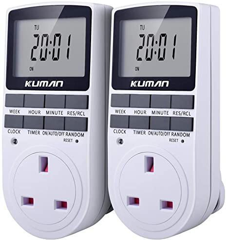 Digital Timer Plug Socket, Kuman Electrical Programmable Plug in Timer Switch for Light, with Large LCD Display and Anti-Theft Random Mode, 13A/2900W Max (2 Pack) (White)