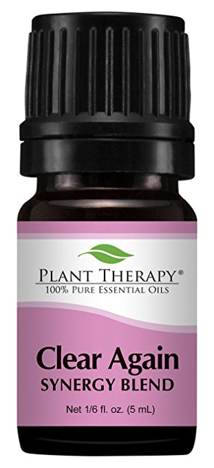 Plant Therapy Clear Again (Allergy Aid) Synergy Essential Oil Blend. Blend of: Lavender, German Chamomile, Roman Chamomile, Helichrysum and Niaouli. 5 mL (1/6 Ounce).