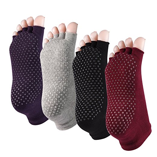 Cosfash Yoga Socks Non Slip Skid Toe Grips for Pilates Barre Women Men 4 Pack