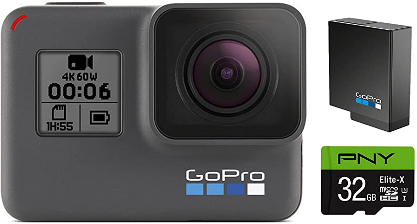 GoPro HERO6 Black   Extra Battery   PNY Elite-X 32GB microSDHC Card - E-Commerce Packaging - Waterproof Digital Action Camera with Touch Screen 4K HD Video 12MP Photos Live Streaming Stabilization