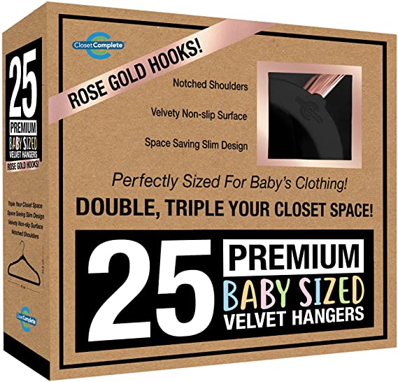 Closet Complete Baby Velvet Hangers, Premium Quality, True-Heavyweight Virtually-UNBREAKABLE, Ultra-Thin Space Saving No-Slip, Perfect Size for Baby 0-48 months 360° SPIN, ROSE GOLD Hooks, BLACK, 25pc
