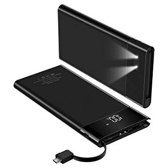 10000mAh Power Bank, Ultra Slim Portable Charger, External Battery Pack with Built- in Micro Cable, LED Display, Two Converts, USB Ports, LED Flashlight, Compatible with All Cell Phone(Black)