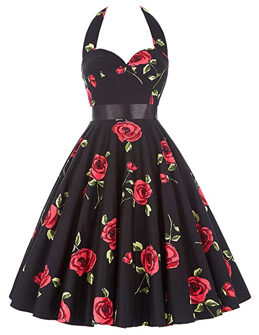 GRACE KARIN Women Vintage 1950s Halter Cocktail Party Swing Dress with Sash