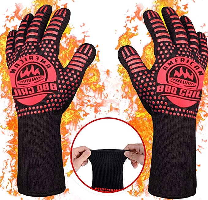 American BBQ Grill Premium Barbecue Gloves - Extreme Heat Resistant Grilling Gloves - Barbecue Accessories for Men - Silicone Oven Mitts for Cooking & Smoker - Fire Grill Armor Set - 10 Year Warranty