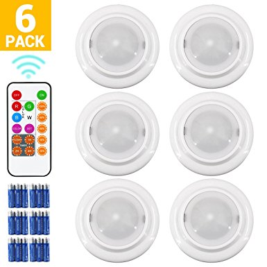 Wireless LED Closet Lights, RGB Color Changing Puck Light with Remote Control, Touch Sensor LED Night Light, Battery Operated Under Cabinet Light - 6 Pack (18 PCS Battery Included)