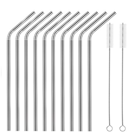 10 Stainless Steel Straw, HuaQi Bent Reusable Drinking Straw with 2 Cleaning Brush（set of 10）
