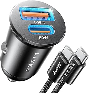 LISEN GaN Super Fast Car Charger Type C, 80W [PPS2.0] Fast Car Charger with 240W Cable Car Power Adapter Laptop Charger Mini All Metal Fit for Galaxy S24 MacBook Air iPhone 15 2024 iPad Pro Laptop