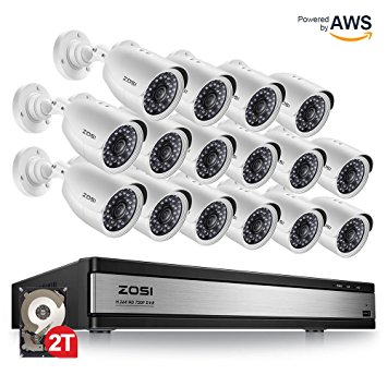 ZOSI 720p 16 Channel Security Camera System,16 Channel Hybrid HD-TVI 1080N Dvr with (16) 1.0MP 720p(1280TVL) Night Vision Outdoor/Indoor Weatherproof Home Surveillance Cameras(2TB Hard Drive Built-in)