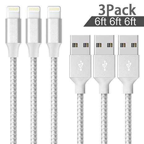 Cable,ONSON Charger Cables 3Pack 6FT to USB Syncing and Charging Cable Data Nylon Braided Cord Charger for iPhone 7/7 Plus/6/6 Plus/6s/6s Plus/5/5s/5c/SE and more-SilverGray …