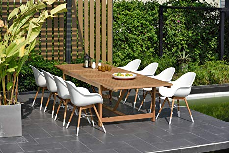 Brampton 9 Piece Outdoor Eucalyptus Extendable Dining Set | Perfect for Patio | White Chairs with Arms and Teak Finish, Light Brown