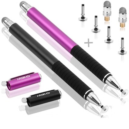 MEKO(TM) (2 Pcs)[2 in 1 Precision Series] Disc Stylus/Styli Bundle with 4 Replaceable Disc Tips, 2 Replaceable Fiber Tips For All Touch Screen Devices - (Black/Purple)
