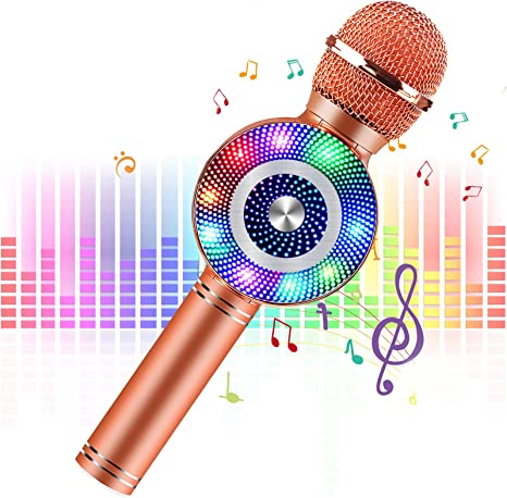 Karaoke Microphone for Kids, FISHOAKY Wireless Bluetooth Microphone for Singing, Portable Karaoke Mic with LED & Voice Changer Christmas Birthday Home Party KTV Outdoor, Rose Gold