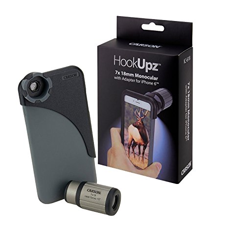 Carson HookUpz iPhone 4/4S/5/5S/SE, iPhone 6/6S, iPhone 6 Plus/6S Plus or Samsung Galaxy S4 Digiscoping Adapters with Close Focus 7x18mm Monocular (IC-518, IC-618, IC-618P, IC-418)