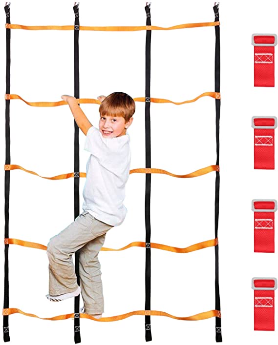 Odoland 3.9ftx6.6ft Ninja Net Climbing Cargo Net Rope Ladder for Kids Outdoor with 4 Square Buckles and 4 Delta Rings, Obstacle Course for Training Equipment and Swing Set Attachment