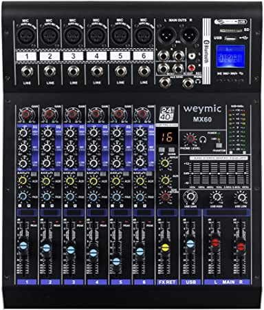 Weymic MX-60 Professional Mixer (6-Channel) for Recording DJ Stage Karaoke DSP Effector w/USB Drive for Recording Input, XLR Microphone Jack, 48V Power, RCA Output