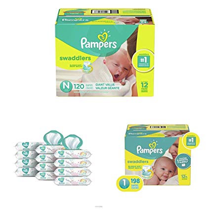 Pampers Bundle - Swaddlers Disposable Baby Diapers Sizes N, 120 Count &  1, 198 Count with Pampers Sensitive Water-Based Baby Wipes, 12 Pop-Top and Refill Combo Packs, 864 Count