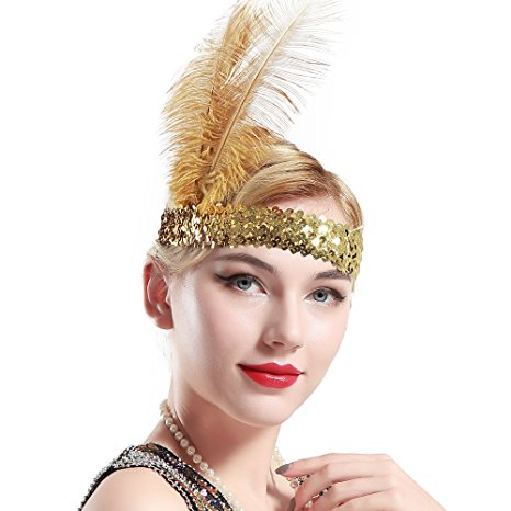 BABEYOND 1920s Flapper Headband Roaring 20s Sequined Showgirl Headpiece Great Gatsby Headband with Black Feather