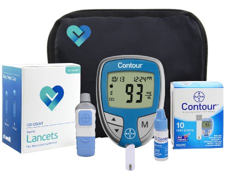 Bayer Contour Complete Diabetic Blood Glucose Testing Kit, Meter, 10 Test Strips, 10 Lancets, Adjustable Lancing Device, Control Solution, Owners Log Book & Manual