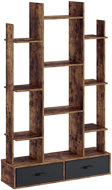 Rolanstar Tree Bookshelf with 2 Drawers, Floor Standing Tree Bookcase, Bookshelves Storage Rack for Books,Plants, Utility Organizer Shelves for Living Room, Office Room BC002-YW-RR