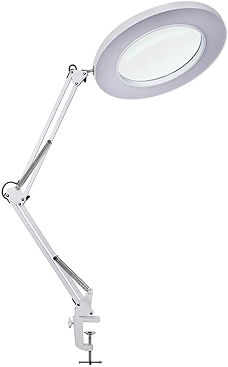 YOUXIU LED Magnifying Glass Desk Lamp with Clamp, 10 Levels Dimmable, 3 Color Modes,5X Magnification,Adjustable Swivel Arm Lighted Magnifier Light for Close Work Craft & Reading