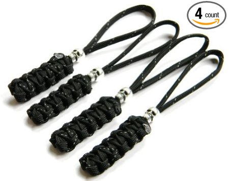 4 Reflective Black Paracord Zipper Pulls or Knife Lanyards With Skull Alloy Bead