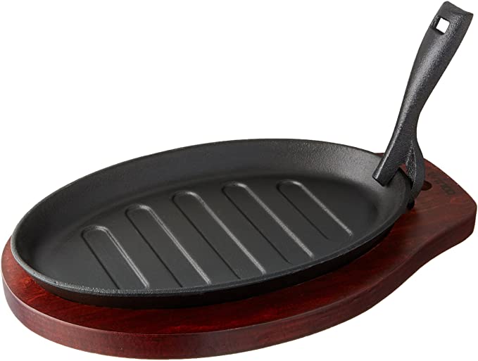 Winco ISP-3 Cast Iron Steak Platter with Wood Underline and Gripper