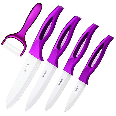Jeslon Ceramic Knives Set,4 Peice Kitchen Chef's Knife and Peeler,Super Sharp & Rust Proof & Stain Resistant,Light Weight with Purple Ergonomic Handle,White Blade