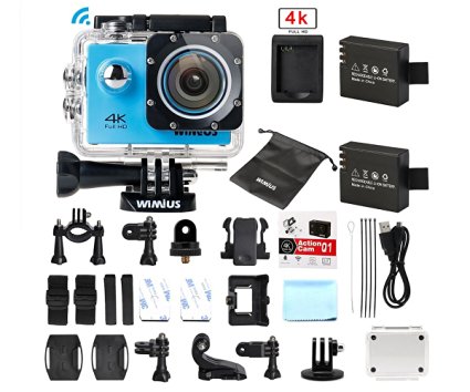 4K Ultra HD Sports Action Camera Wifi 1080P 60fps 16MP 2.0 inch Waterproof Video Camera Car Helmet Camcorder with 2pcs Batteries