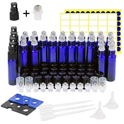 Essential Oil Roller Bottles,30 Pack 10ml Cobalt Blue Glass Roller Bottles with Stainless Steel Roller Balls(4 Extra Spray,8 Extra Roller Balls,3 Dropper,2 Funnel,2 Opener,138 Label)